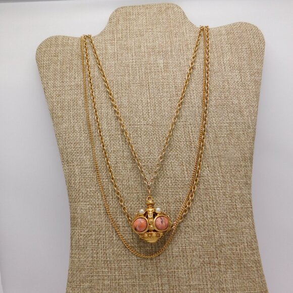 Crown Pendant 3 Strand Chain Faux Coral Pear Florenza Style VTG Goldtone Royal - Picture 3 of 5